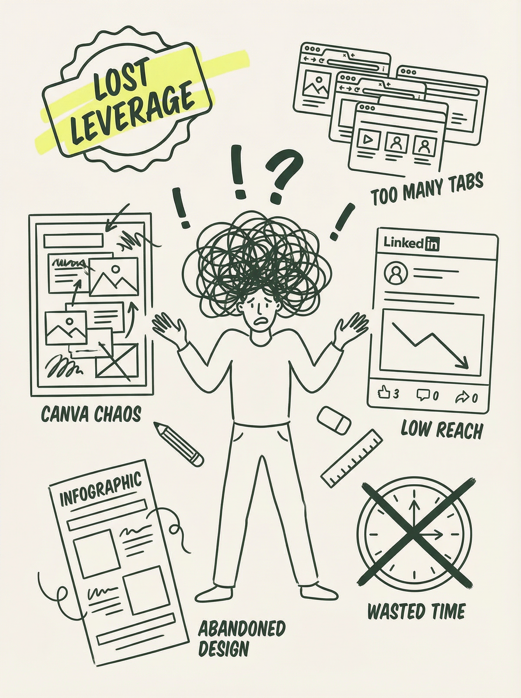 Messy design canvas showing the problem of time-consuming infographic creation